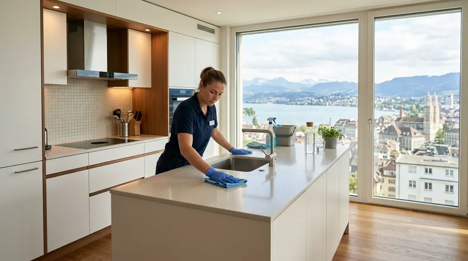 Technicienne nettoyage essuyant un plan de travail, appartement suisse vue lac